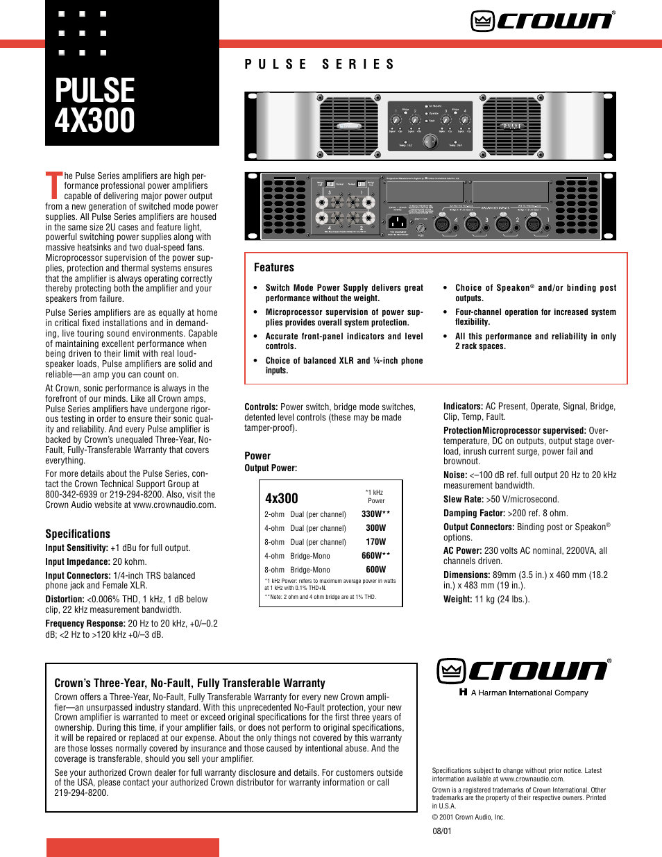 Crown Audio Pulse 4X300 User Manual | 1 page