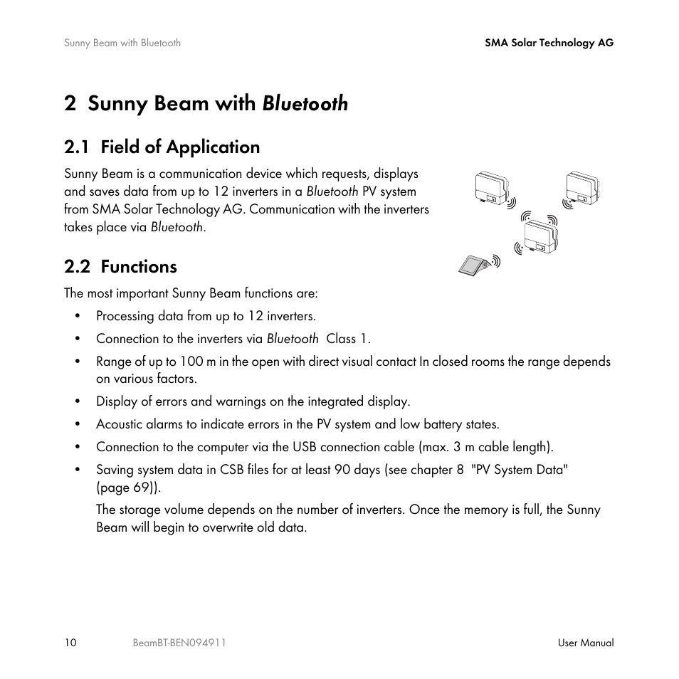 2 sunny beam with bluetooth, 1 field of application, 2 functions | Sunny beam with, Field of application, Functions | SMA BEAM-BT-10 User Manual | Page 10 / 92