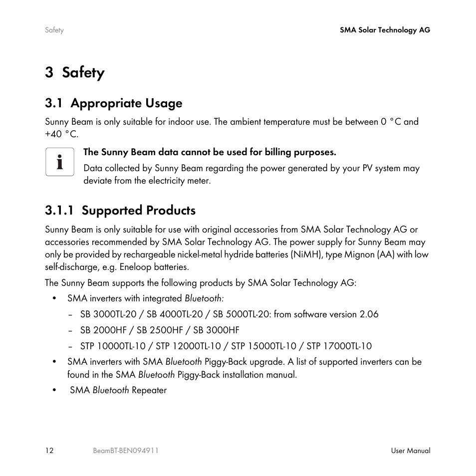 3 safety, 1 appropriate usage, 1 supported products | Safety, Appropriate usage, Supported products | SMA BEAM-BT-10 User Manual | Page 12 / 92