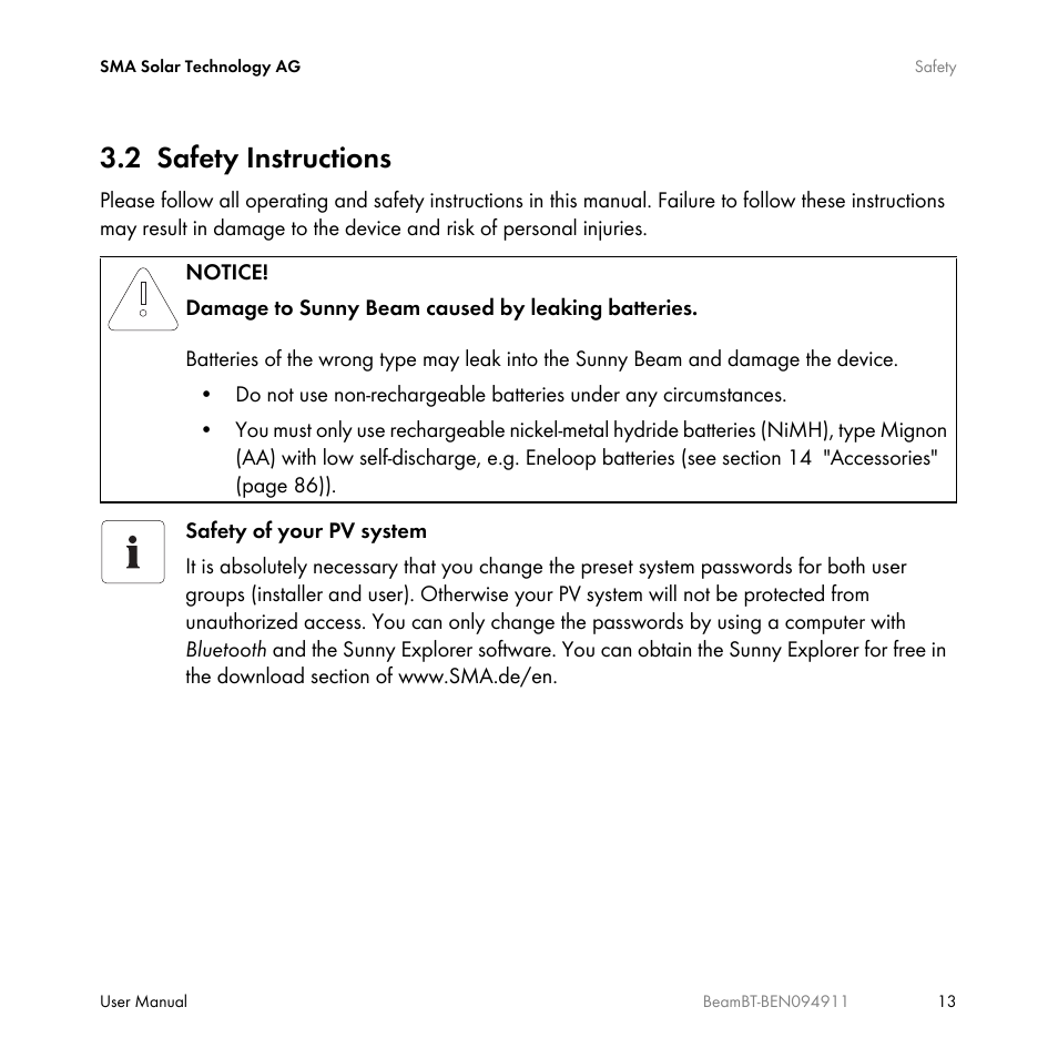 2 safety instructions, Safety instructions | SMA BEAM-BT-10 User Manual | Page 13 / 92