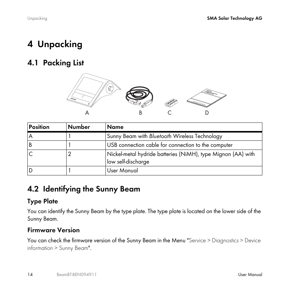 4 unpacking, 1 packing list, 2 identifying the sunny beam | Unpacking, Packing list, Identifying the sunny beam, 1 packing list 4.2 identifying the sunny beam | SMA BEAM-BT-10 User Manual | Page 14 / 92