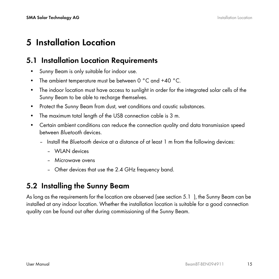 5 installation location, 1 installation location requirements, 2 installing the sunny beam | Installation location, Installation location requirements, Installing the sunny beam | SMA BEAM-BT-10 User Manual | Page 15 / 92