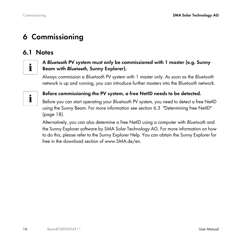 6 commissioning, 1 notes, Commissioning | Notes | SMA BEAM-BT-10 User Manual | Page 16 / 92