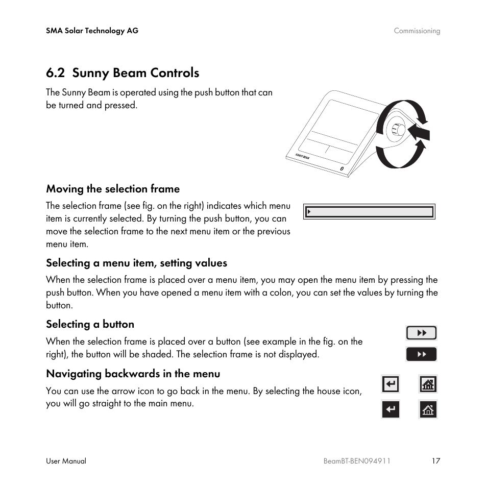 2 sunny beam controls, Sunny beam controls | SMA BEAM-BT-10 User Manual | Page 17 / 92