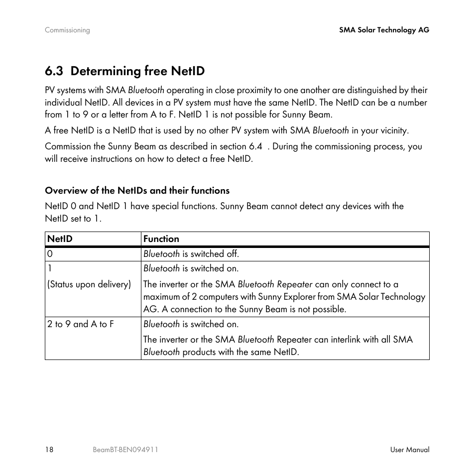 3 determining free netid, Determining free netid | SMA BEAM-BT-10 User Manual | Page 18 / 92