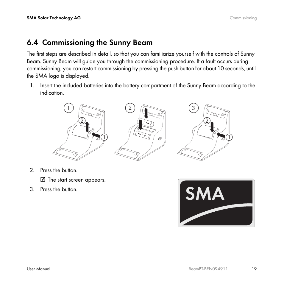 4 commissioning the sunny beam, Commissioning the sunny beam | SMA BEAM-BT-10 User Manual | Page 19 / 92