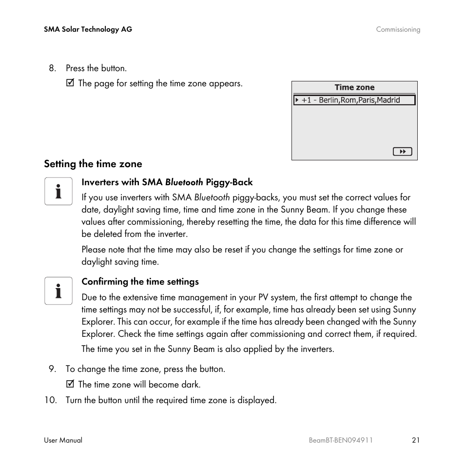 Setting the time zone | SMA BEAM-BT-10 User Manual | Page 21 / 92