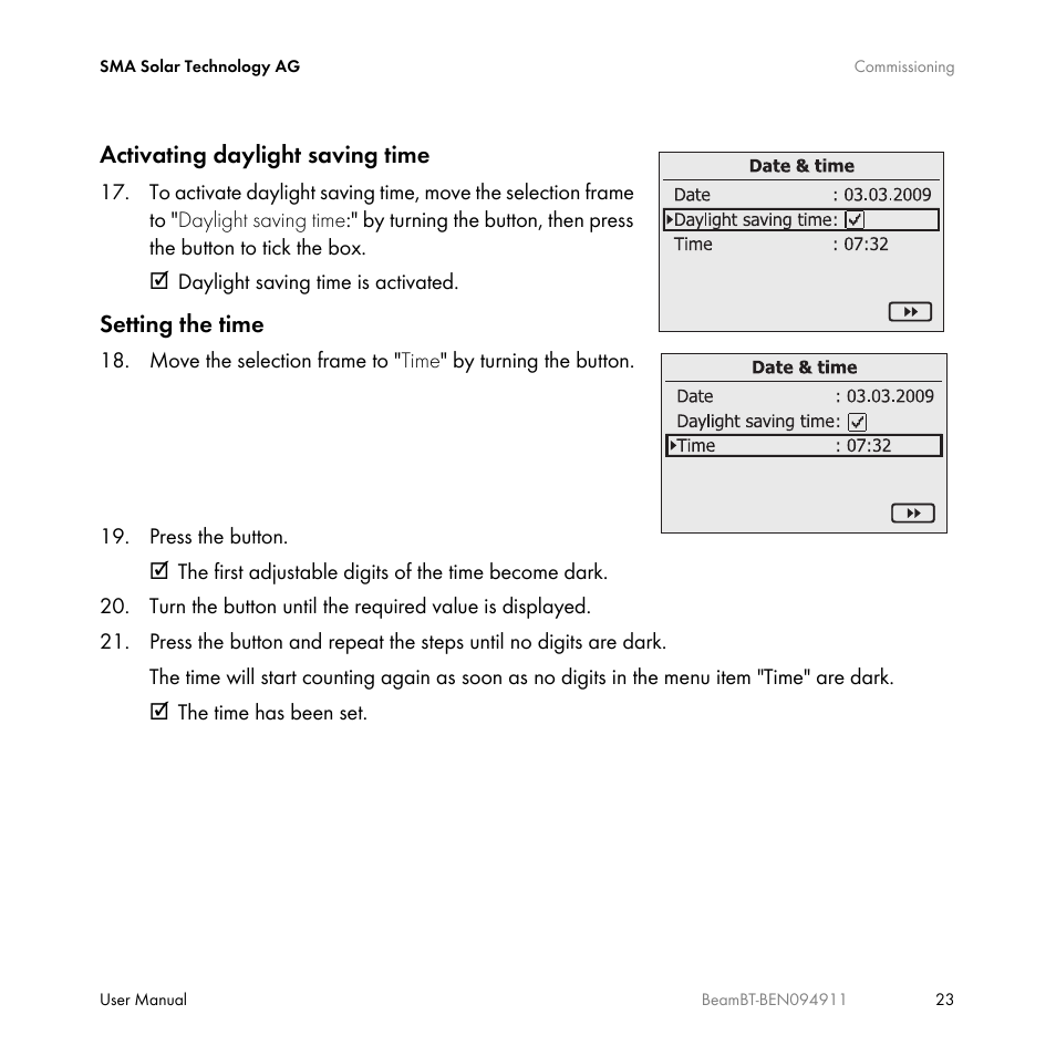 Activating daylight saving time, Setting the time | SMA BEAM-BT-10 User Manual | Page 23 / 92