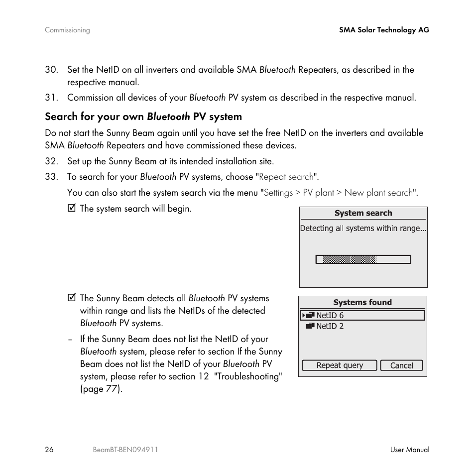 Search for your own bluetooth pv system | SMA BEAM-BT-10 User Manual | Page 26 / 92