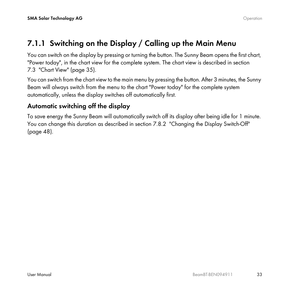 Automatic switching off the display | SMA BEAM-BT-10 User Manual | Page 33 / 92