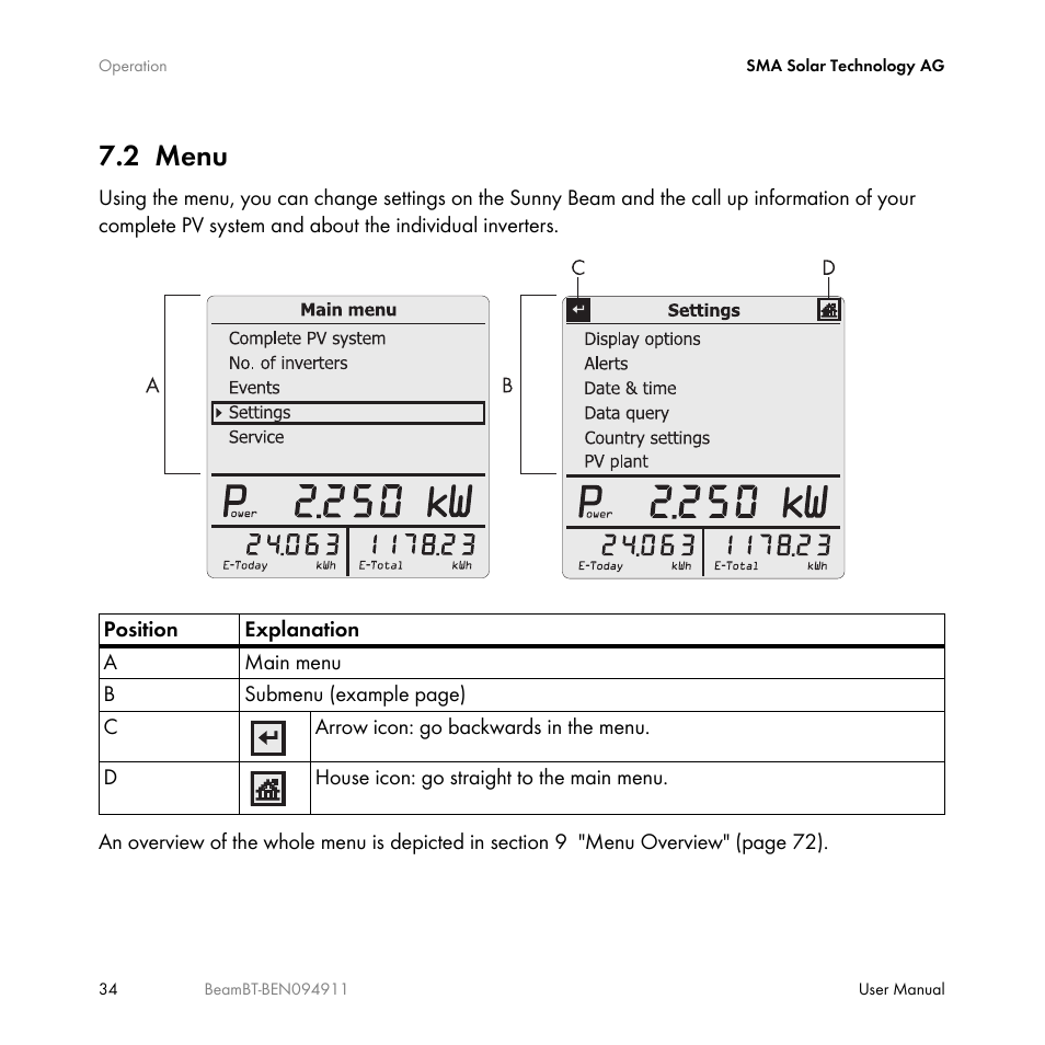 2 menu, Menu | SMA BEAM-BT-10 User Manual | Page 34 / 92