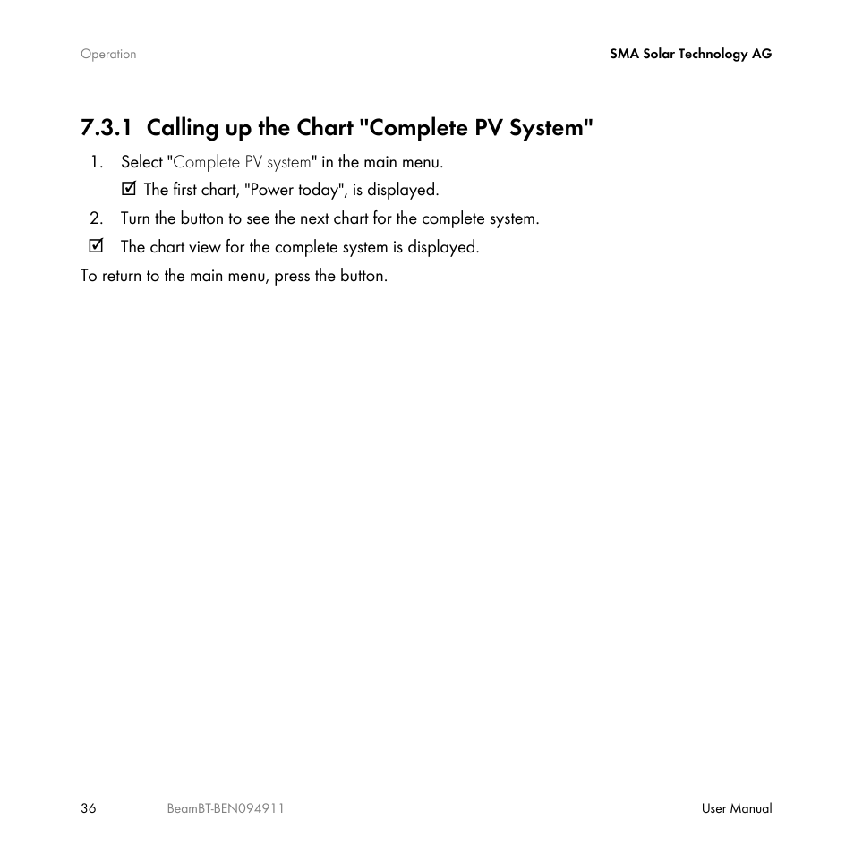 1 calling up the chart "complete pv system, Calling up the chart "complete pv system | SMA BEAM-BT-10 User Manual | Page 36 / 92