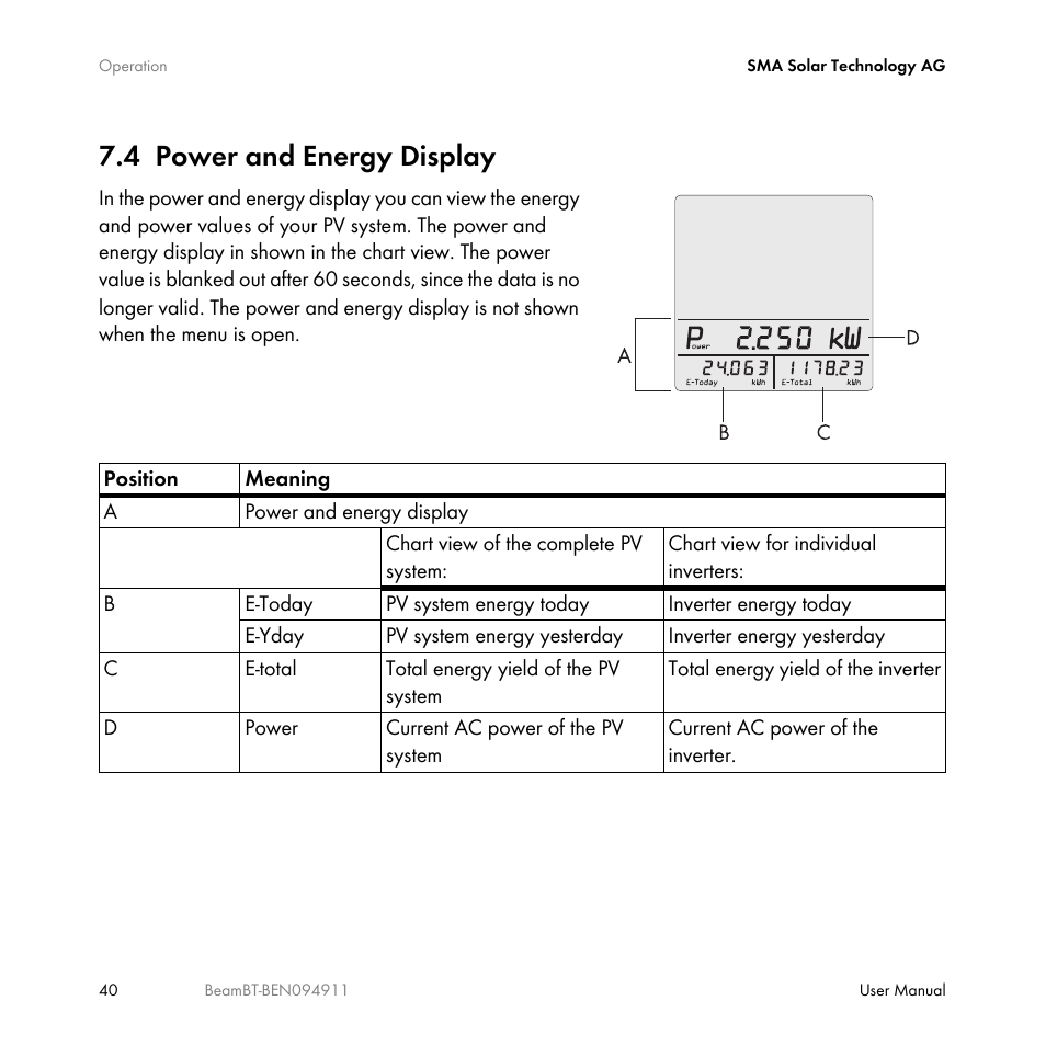 4 power and energy display, Power and energy display | SMA BEAM-BT-10 User Manual | Page 40 / 92