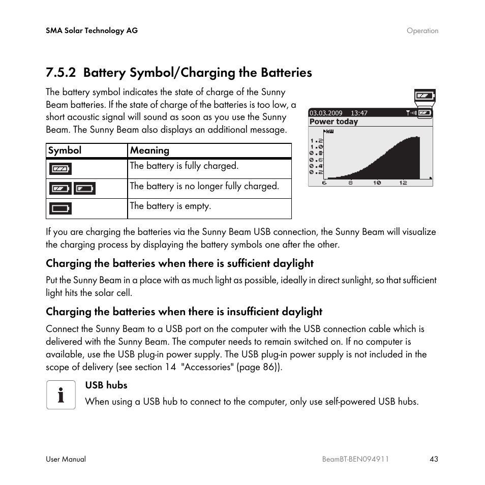 2 battery symbol/charging the batteries, Battery symbol/charging the batteries, Ion 7.5.2 | SMA BEAM-BT-10 User Manual | Page 43 / 92