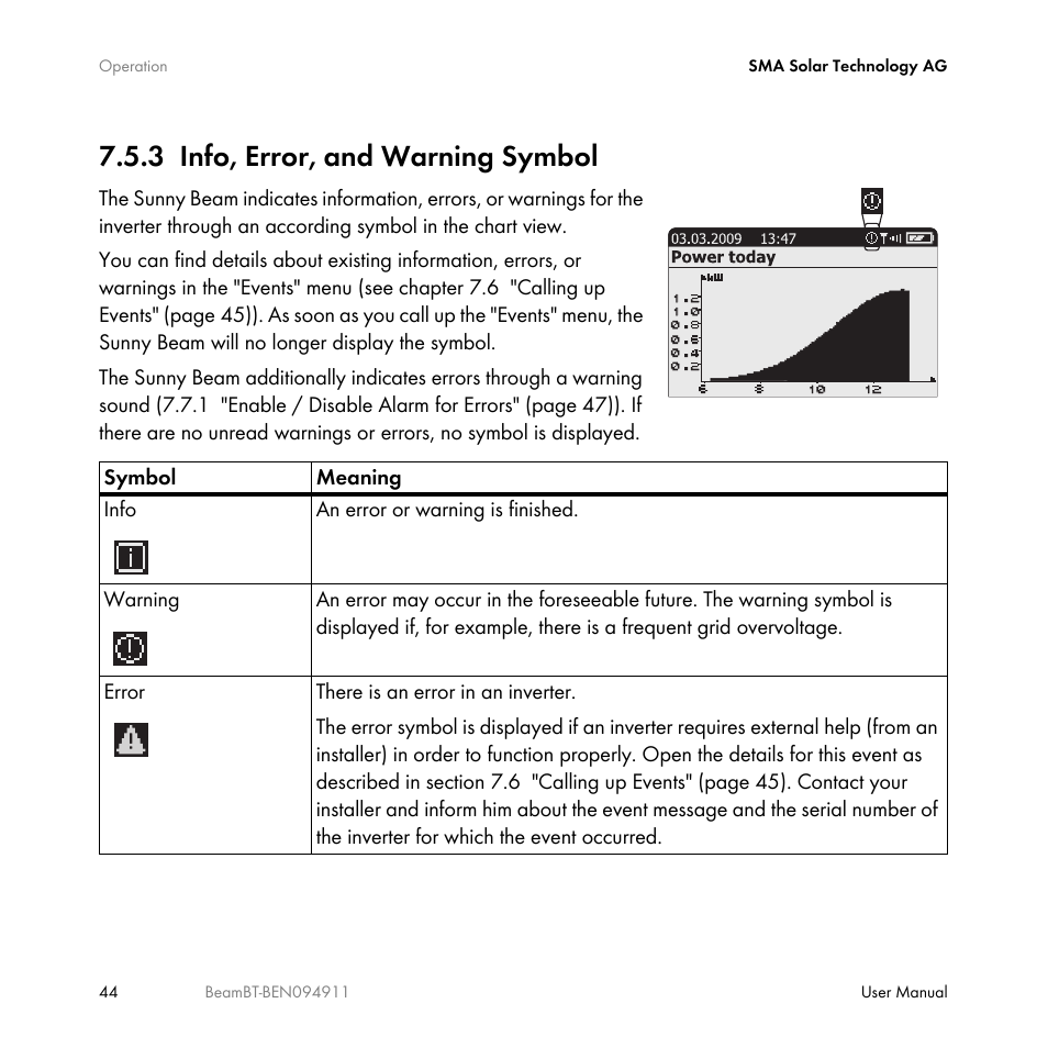 3 info, error, and warning symbol, Info, error, and warning symbol, Section 7.5.3 | SMA BEAM-BT-10 User Manual | Page 44 / 92