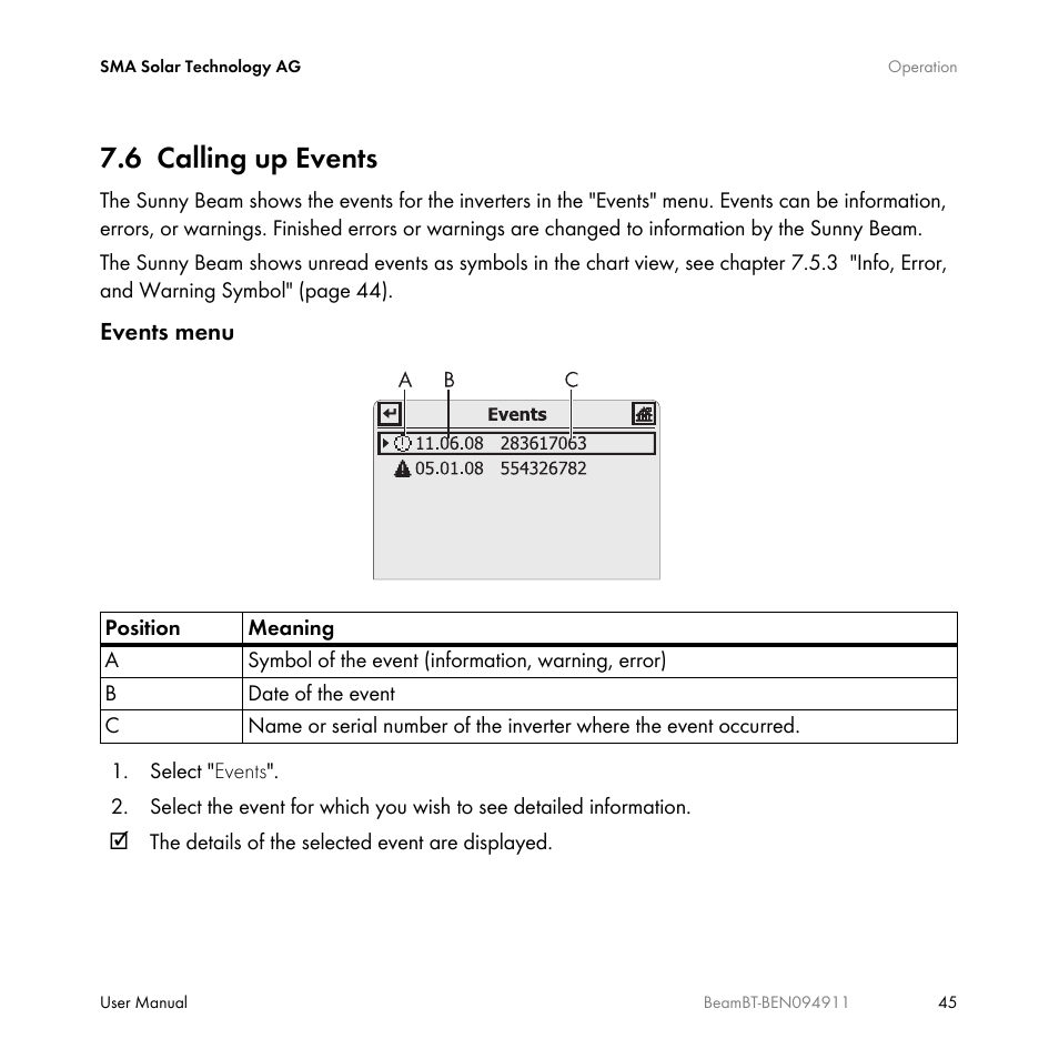 6 calling up events, Calling up events | SMA BEAM-BT-10 User Manual | Page 45 / 92