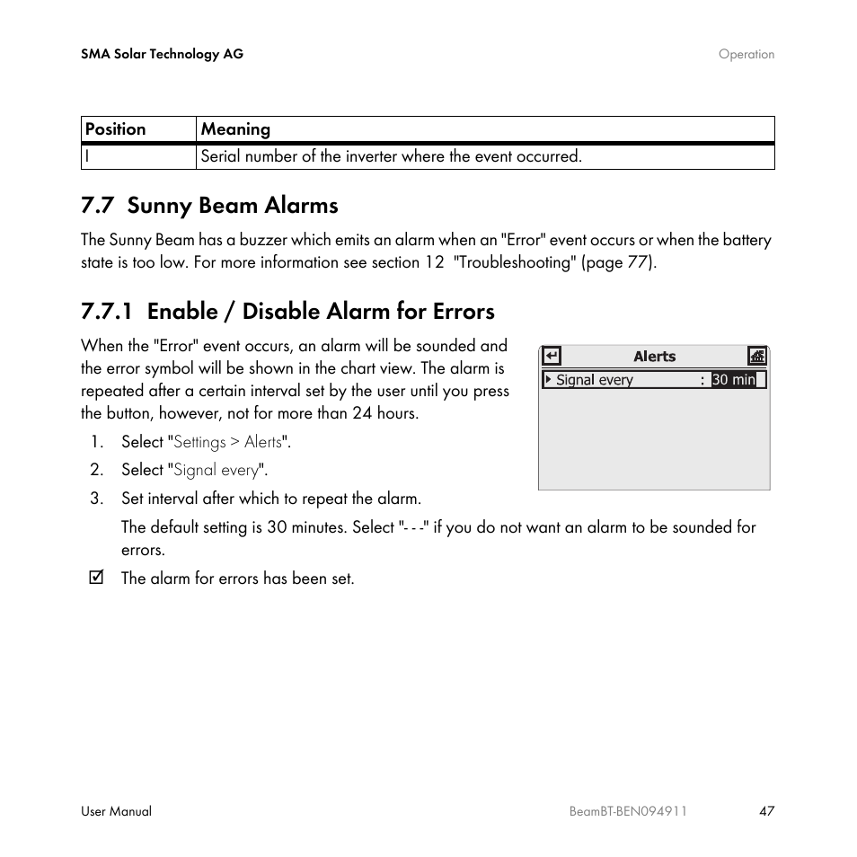 7 sunny beam alarms, 1 enable / disable alarm for errors, Sunny beam alarms | Enable / disable alarm for errors | SMA BEAM-BT-10 User Manual | Page 47 / 92