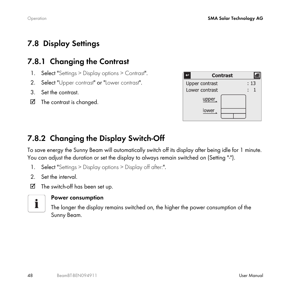 8 display settings, 1 changing the contrast, 2 changing the display switch-off | Display settings, Changing the contrast, Changing the display switch-off, 8 display settings 7.8.1 changing the contrast | SMA BEAM-BT-10 User Manual | Page 48 / 92