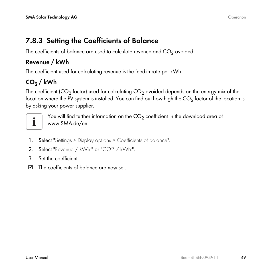 3 setting the coefficients of balance, Setting the coefficients of balance | SMA BEAM-BT-10 User Manual | Page 49 / 92