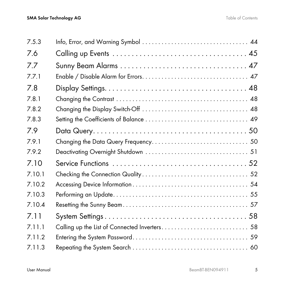 6 calling up events 7.7 sunny beam alarms, 8 display settings, 9 data query | 10 service functions, 11 system settings | SMA BEAM-BT-10 User Manual | Page 5 / 92