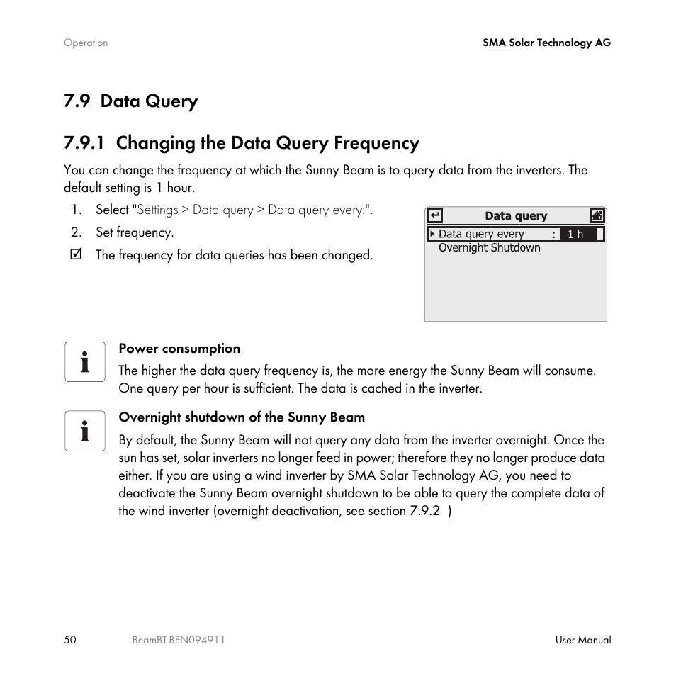 9 data query, 1 changing the data query frequency, Data query | Changing the data query frequency | SMA BEAM-BT-10 User Manual | Page 50 / 92