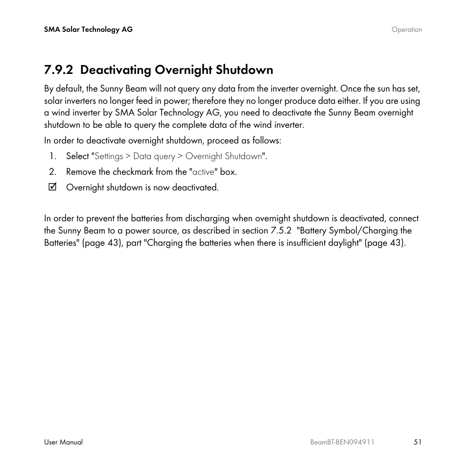 2 deactivating overnight shutdown, Deactivating overnight shutdown | SMA BEAM-BT-10 User Manual | Page 51 / 92