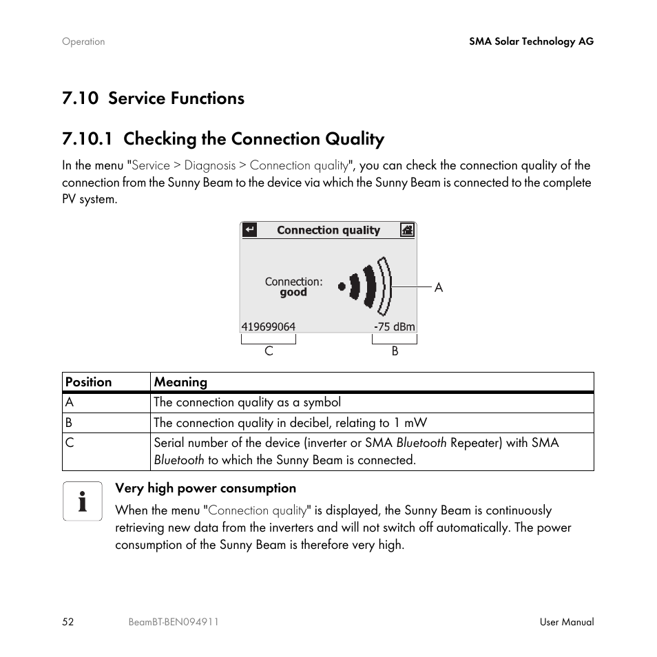 10 service functions, 1 checking the connection quality, Service functions | Checking the connection quality | SMA BEAM-BT-10 User Manual | Page 52 / 92