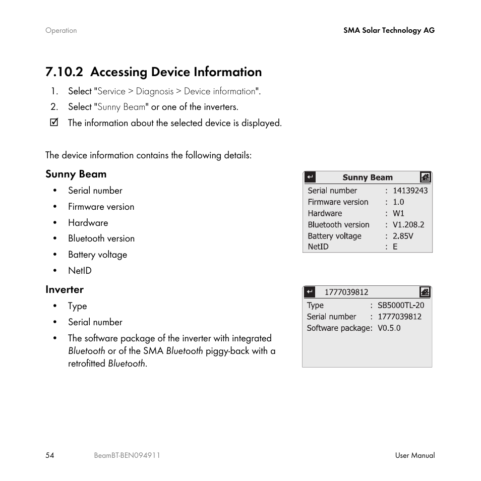 2 accessing device information, Accessing device information | SMA BEAM-BT-10 User Manual | Page 54 / 92