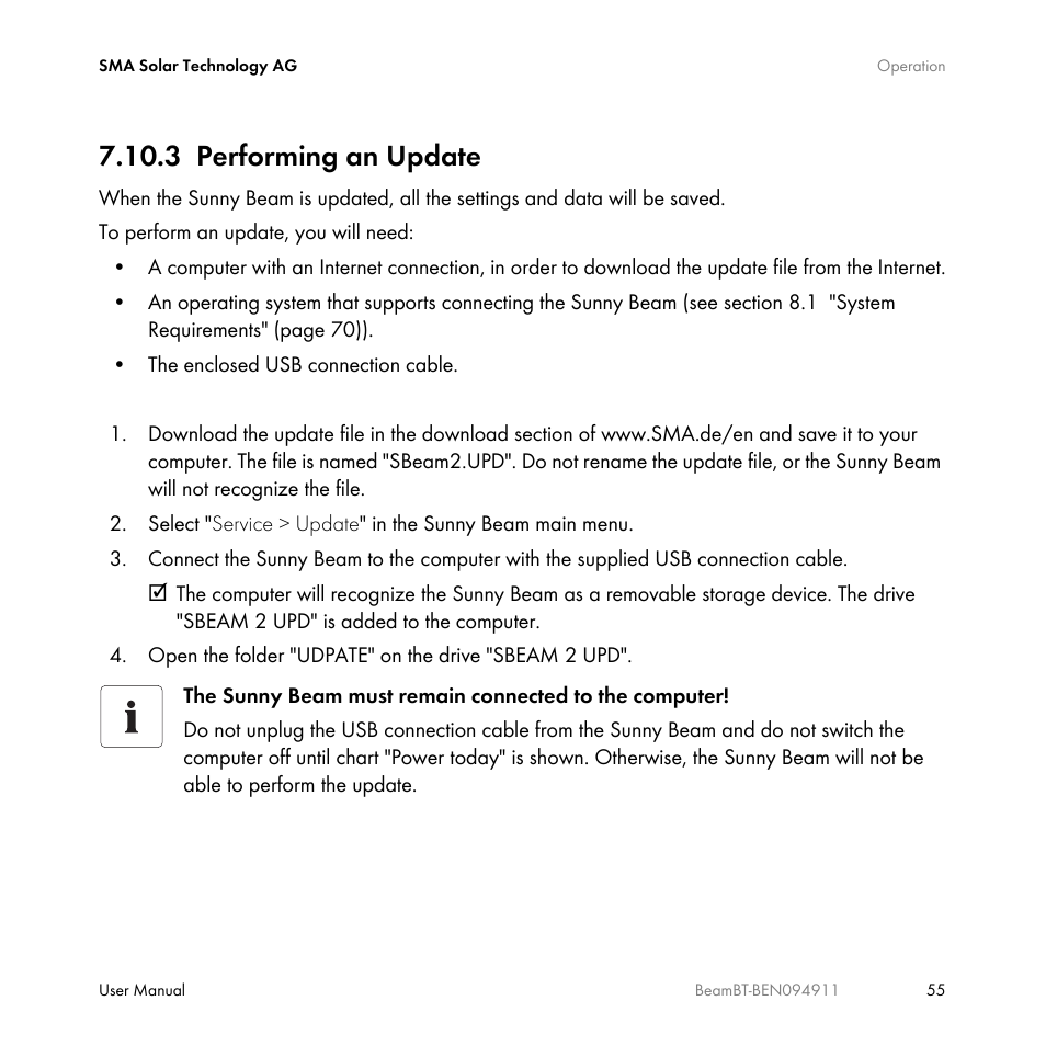 3 performing an update, Performing an update | SMA BEAM-BT-10 User Manual | Page 55 / 92