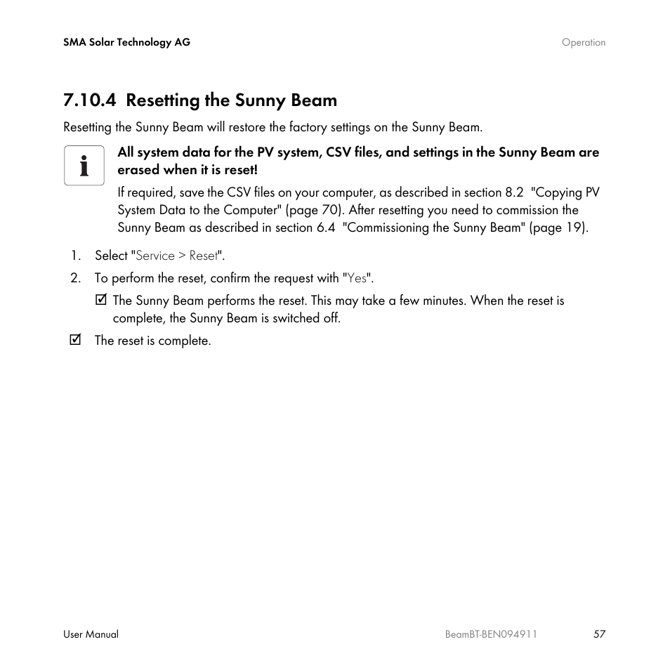 4 resetting the sunny beam, Resetting the sunny beam | SMA BEAM-BT-10 User Manual | Page 57 / 92