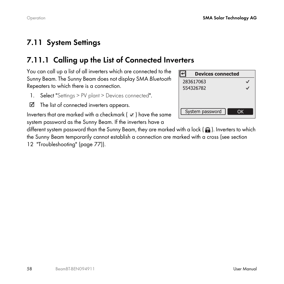 11 system settings, 1 calling up the list of connected inverters, System settings | Calling up the list of connected inverters | SMA BEAM-BT-10 User Manual | Page 58 / 92