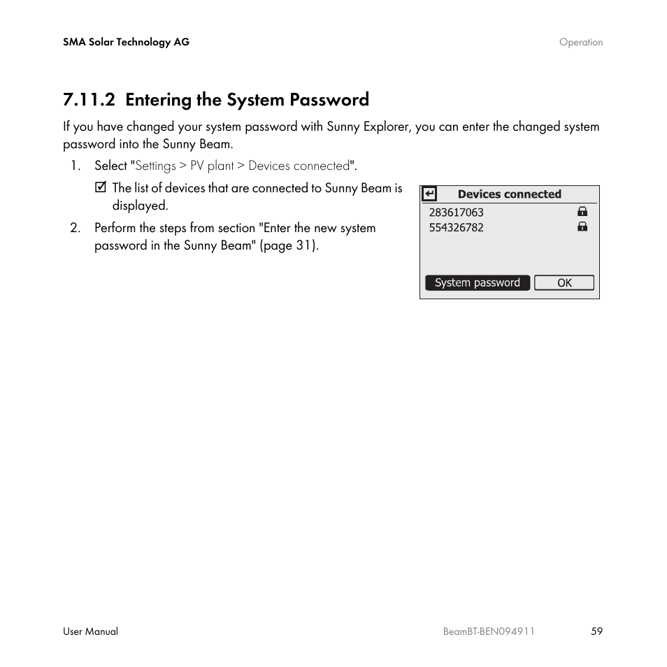 2 entering the system password, Entering the system password | SMA BEAM-BT-10 User Manual | Page 59 / 92