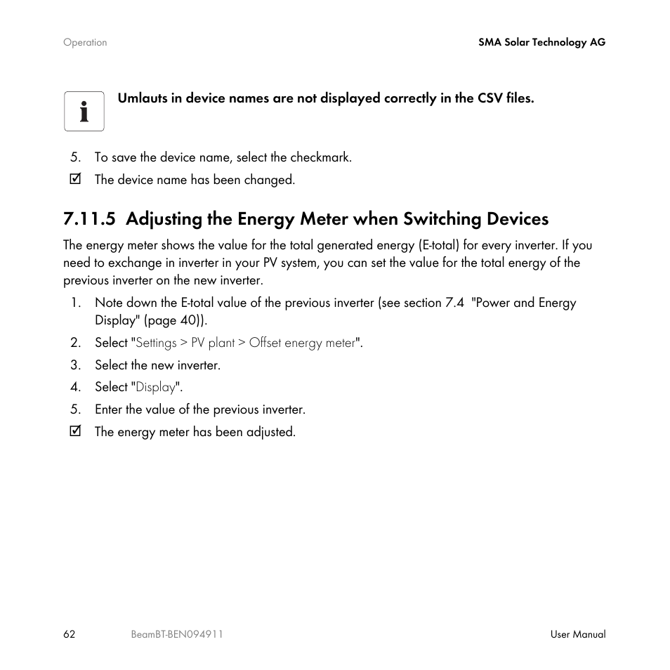 Adjusting the energy meter when switching devices | SMA BEAM-BT-10 User Manual | Page 62 / 92