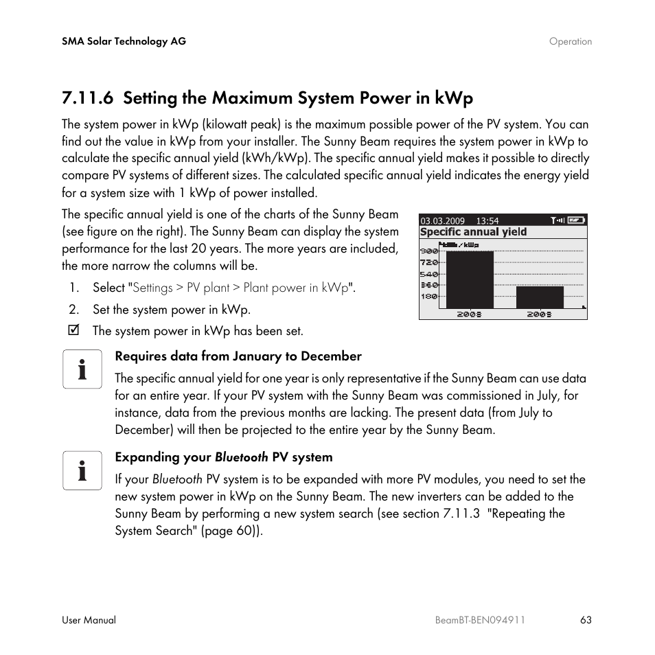 6 setting the maximum system power in kwp, Setting the maximum system power in kwp | SMA BEAM-BT-10 User Manual | Page 63 / 92