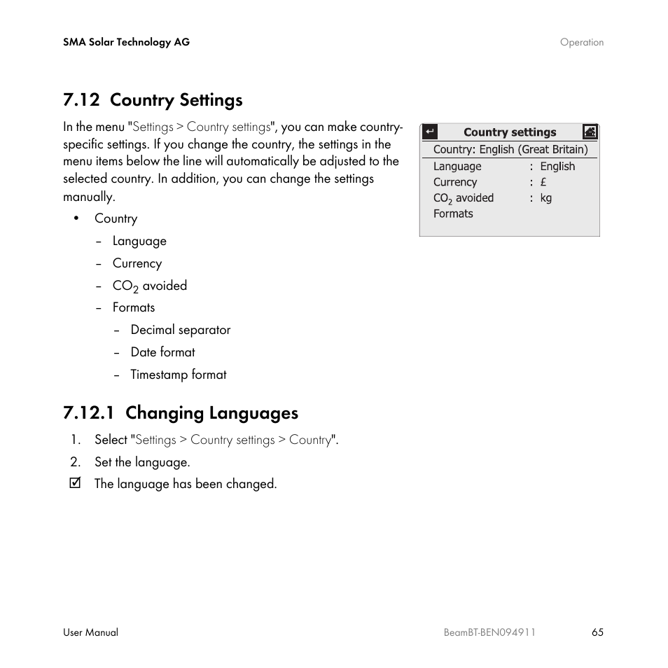 12 country settings, 1 changing languages, Country settings | Changing languages | SMA BEAM-BT-10 User Manual | Page 65 / 92