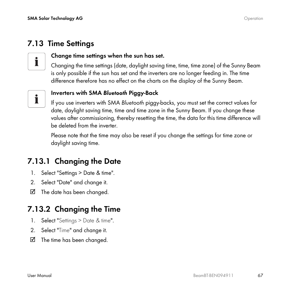 13 time settings, 1 changing the date, 2 changing the time | Time settings, Changing the date, Changing the time, Ection 7.13 | SMA BEAM-BT-10 User Manual | Page 67 / 92