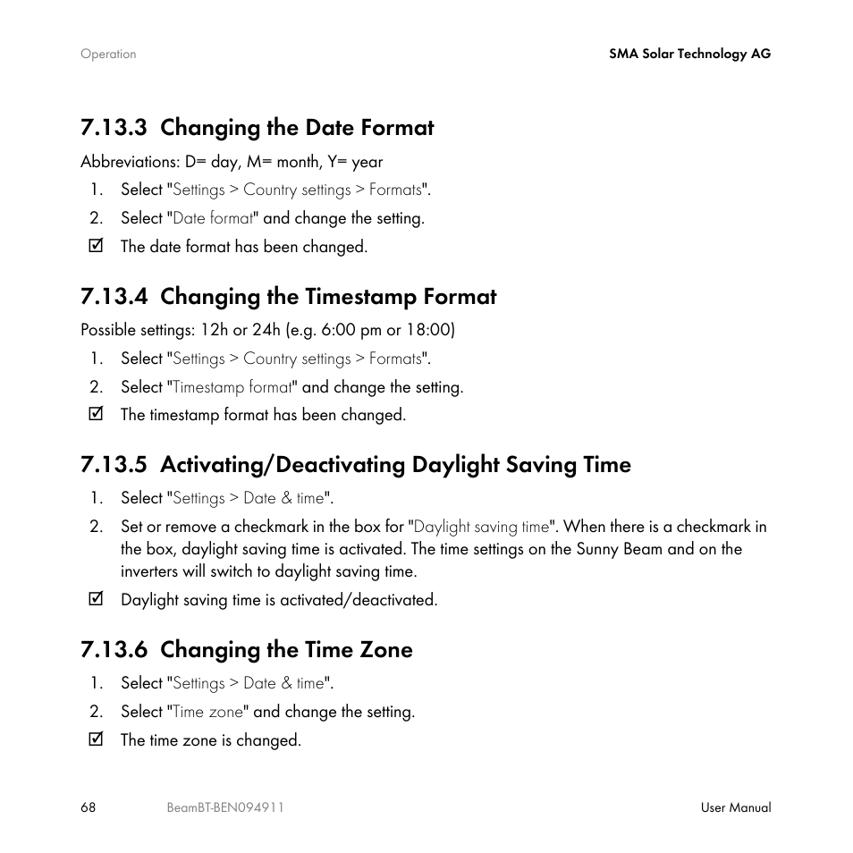 3 changing the date format, 4 changing the timestamp format, 5 activating/deactivating daylight saving time | 6 changing the time zone, Changing the date format, Changing the timestamp format, Activating/deactivating daylight saving time, Changing the time zone | SMA BEAM-BT-10 User Manual | Page 68 / 92