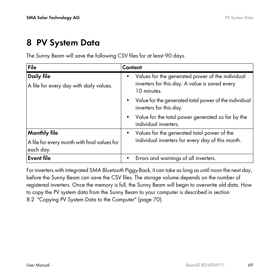 8 pv system data, Pv system data | SMA BEAM-BT-10 User Manual | Page 69 / 92