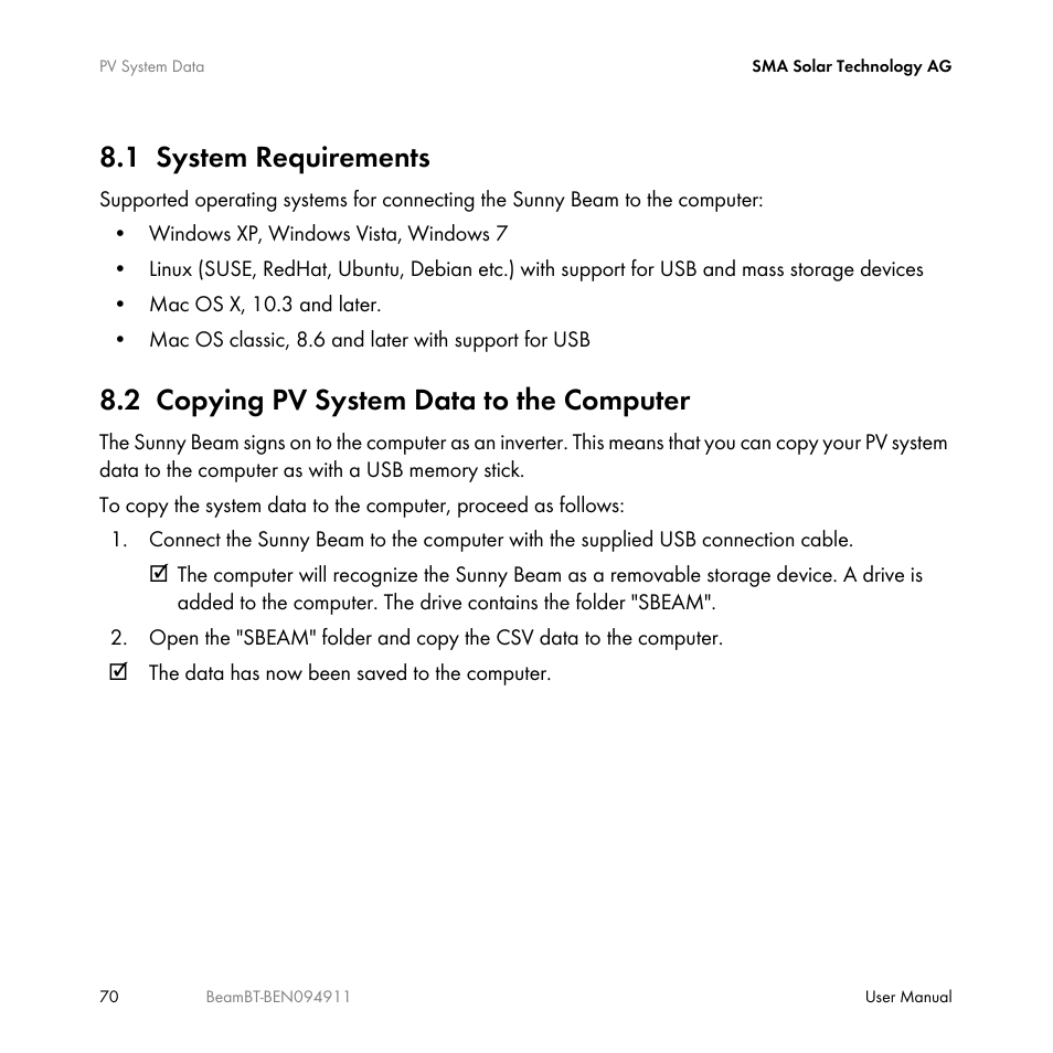 1 system requirements, 2 copying pv system data to the computer, System requirements | Copying pv system data to the computer | SMA BEAM-BT-10 User Manual | Page 70 / 92