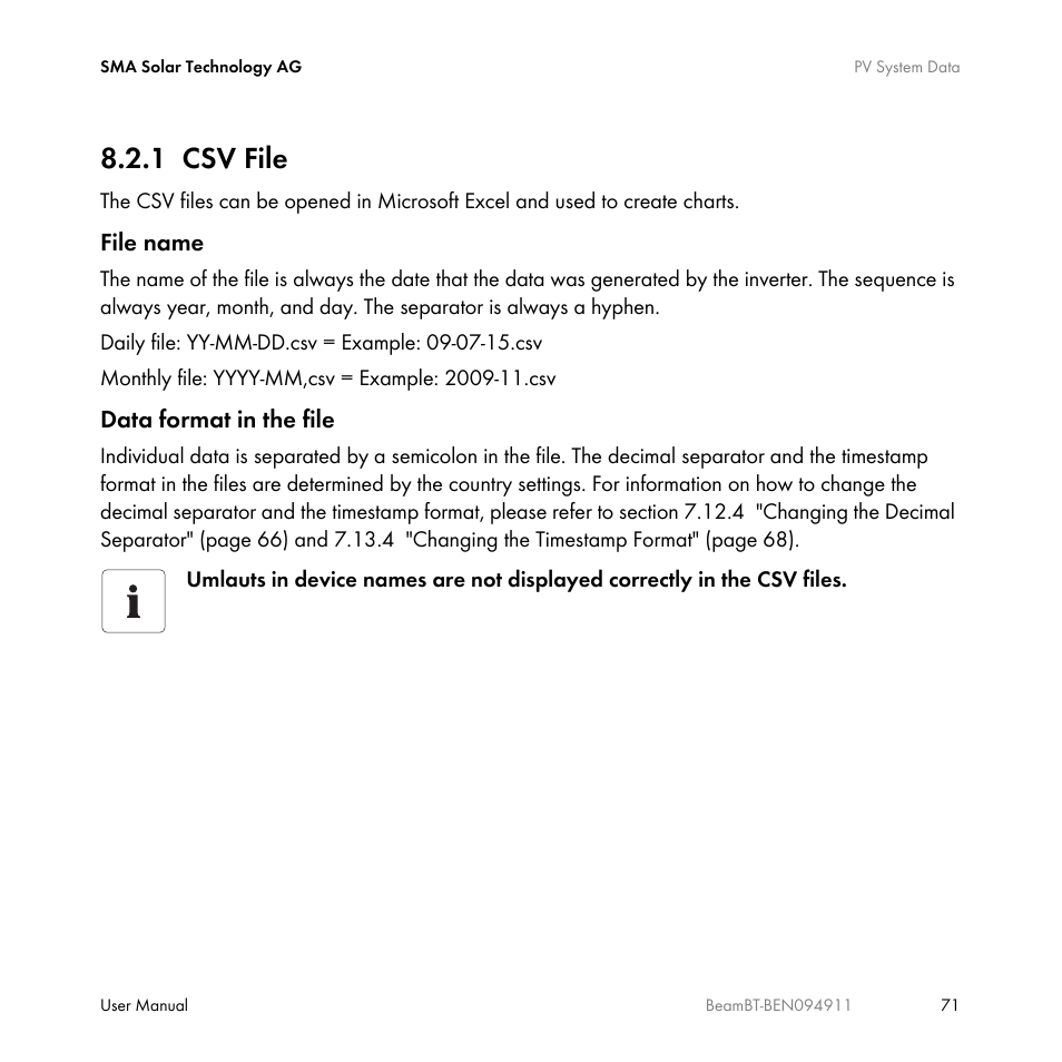 1 csv file, Csv file | SMA BEAM-BT-10 User Manual | Page 71 / 92