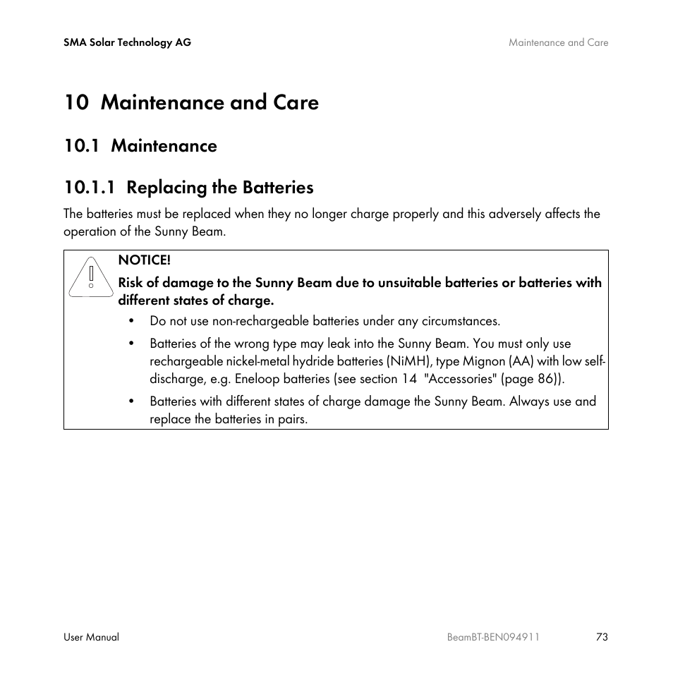 10 maintenance and care, 1 maintenance, 1 replacing the batteries | Maintenance and care, Maintenance, Replacing the batteries | SMA BEAM-BT-10 User Manual | Page 73 / 92