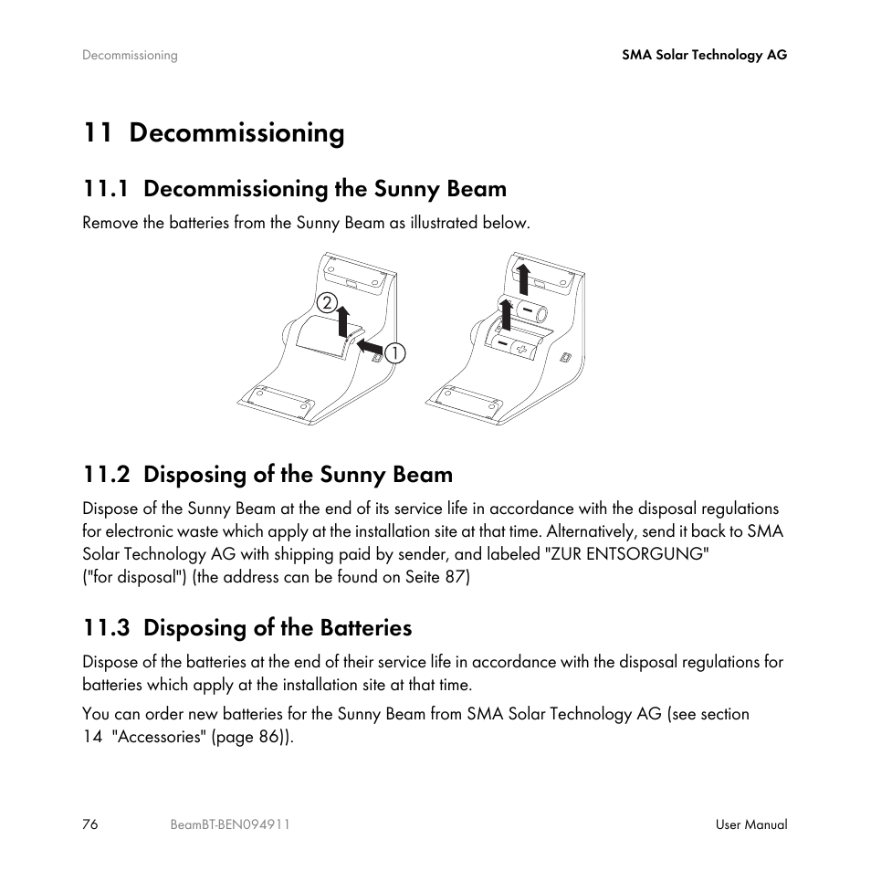 11 decommissioning, 1 decommissioning the sunny beam, 2 disposing of the sunny beam | 3 disposing of the batteries, Decommissioning, Decommissioning the sunny beam, Disposing of the sunny beam, Disposing of the batteries | SMA BEAM-BT-10 User Manual | Page 76 / 92