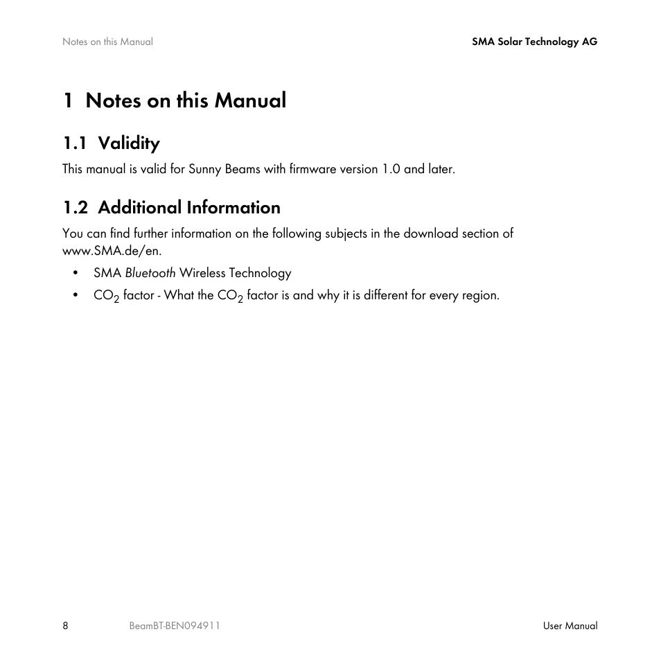 1 notes on this manual, 1 validity, 2 additional information | Notes on this manual, Validity, Additional information | SMA BEAM-BT-10 User Manual | Page 8 / 92