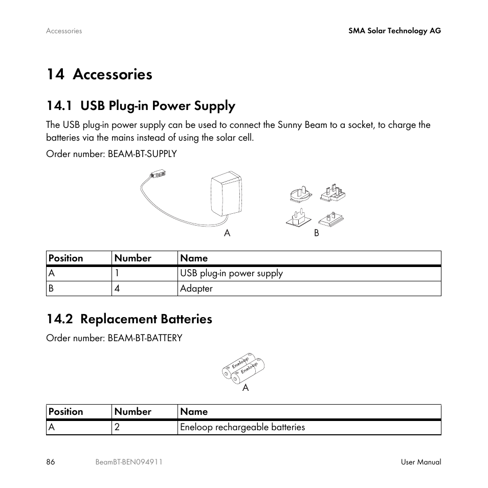 14 accessories, 1 usb plug-in power supply, 2 replacement batteries | Accessories, Usb plug-in power supply, Replacement batteries | SMA BEAM-BT-10 User Manual | Page 86 / 92