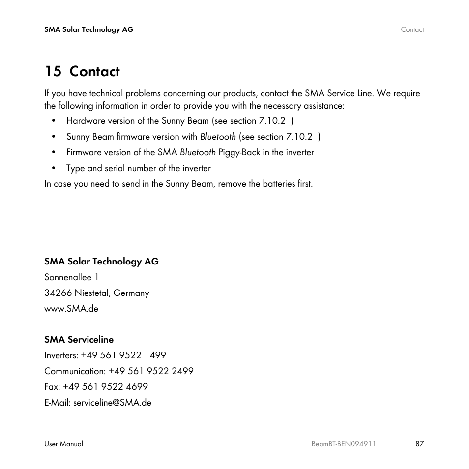 15 contact, Contact | SMA BEAM-BT-10 User Manual | Page 87 / 92