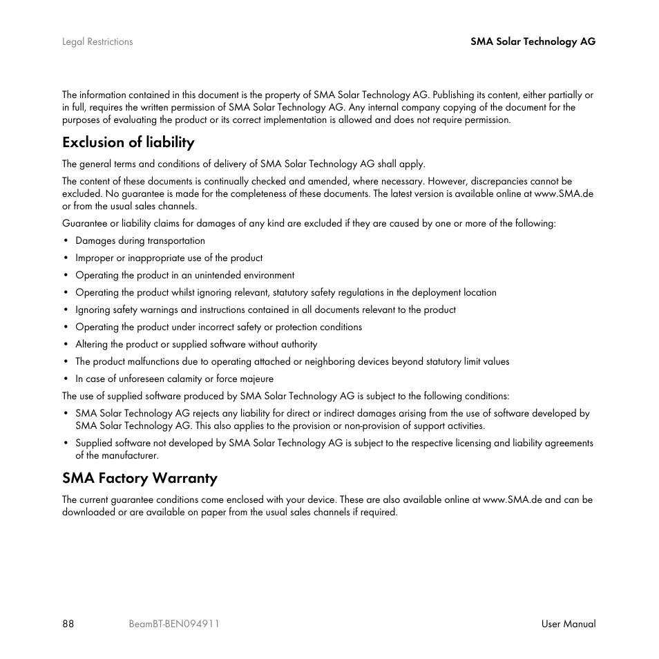 Exclusion of liability, Sma factory warranty | SMA BEAM-BT-10 User Manual | Page 88 / 92