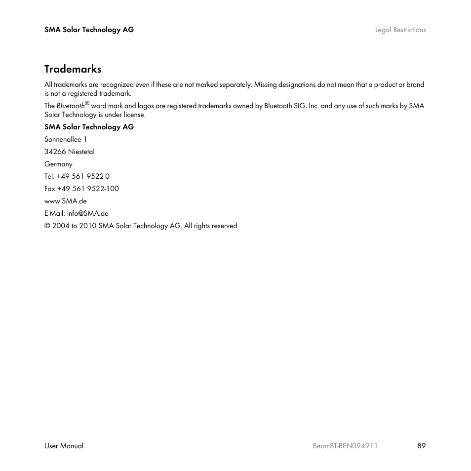 Trademarks | SMA BEAM-BT-10 User Manual | Page 89 / 92