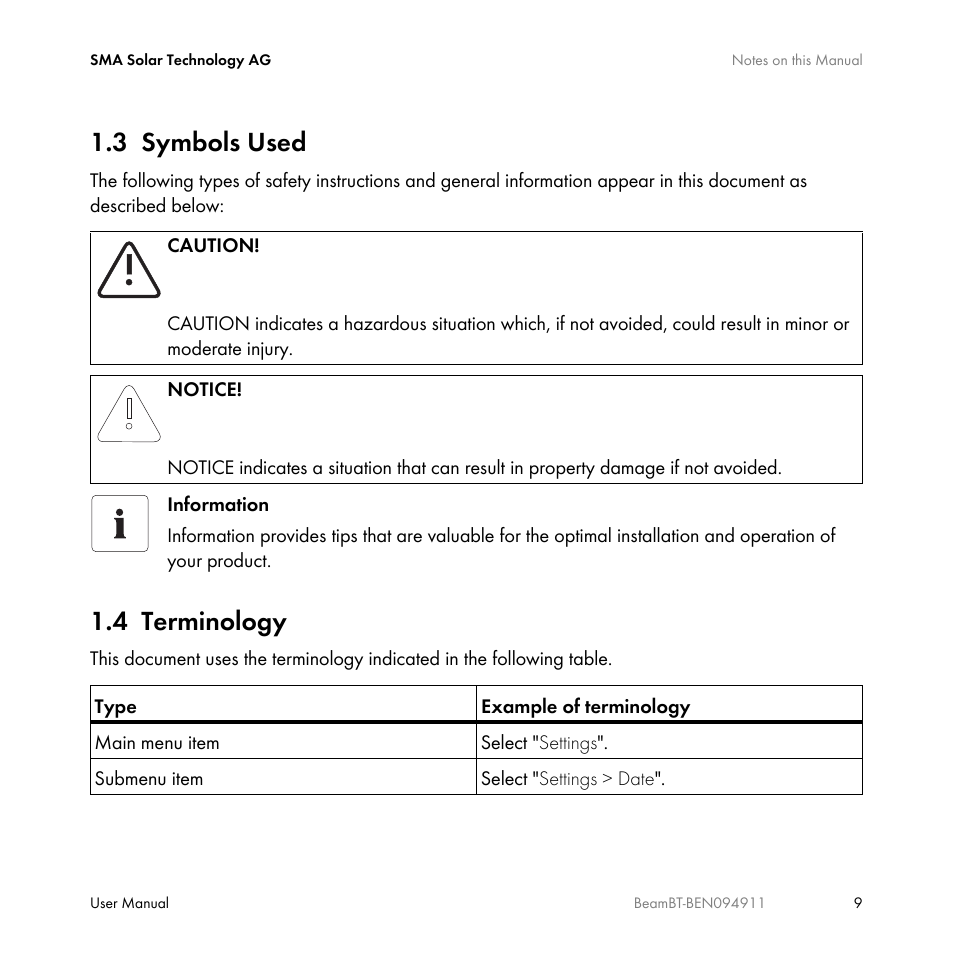 3 symbols used, 4 terminology, Symbols used | Terminology | SMA BEAM-BT-10 User Manual | Page 9 / 92