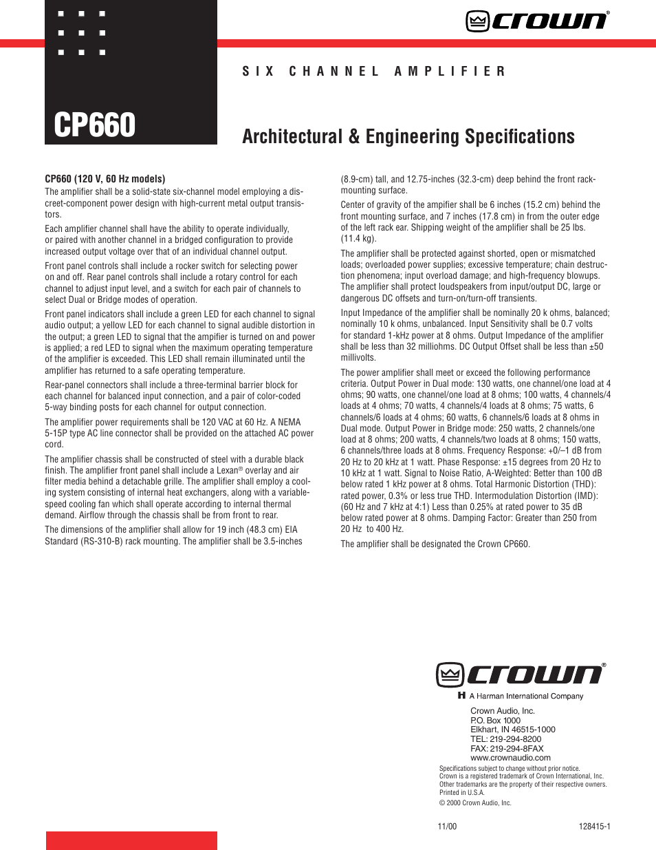 Crown Audio CP660 User Manual | 1 page