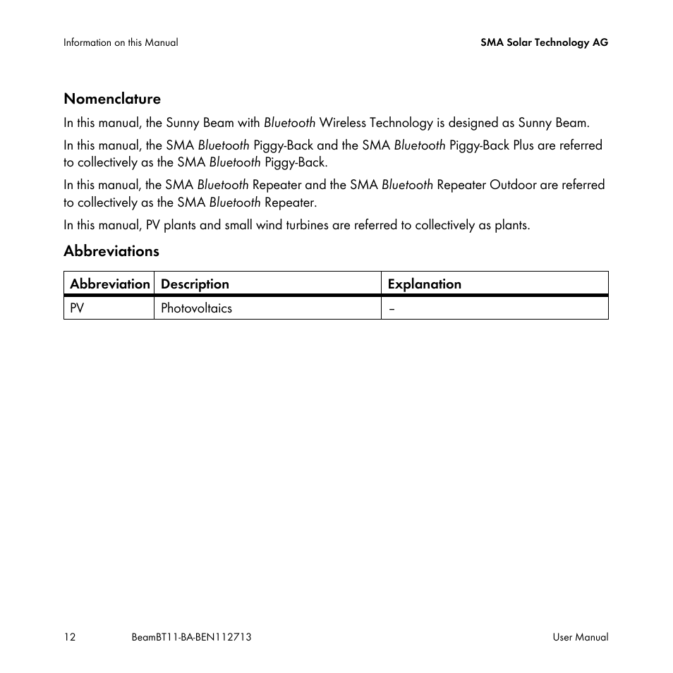 Nomenclature, Abbreviations | SMA BEAM-BT-11 User Manual | Page 12 / 92